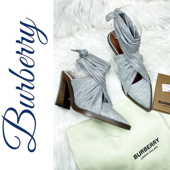 NIB BURBERRY TILLINGTON PEWTER MELANGE ANKLE WRAP SLINGBACK MULES GRAY, EU 36 - Picture 1 of 16